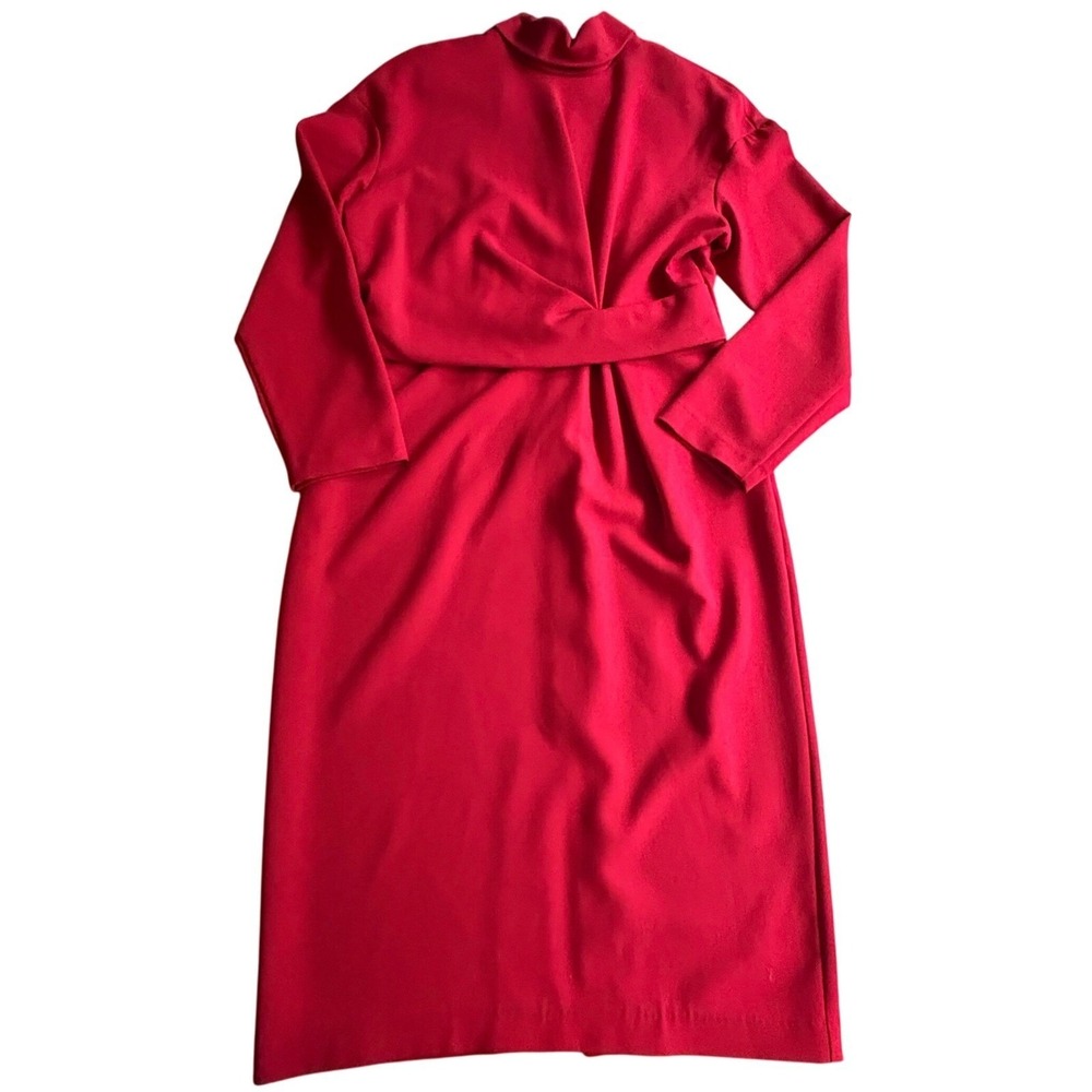 $348 Anthropologie‎ EXQUISE Red Dress Long Sleeve Mock Neck Midi Fitted SZ US 12